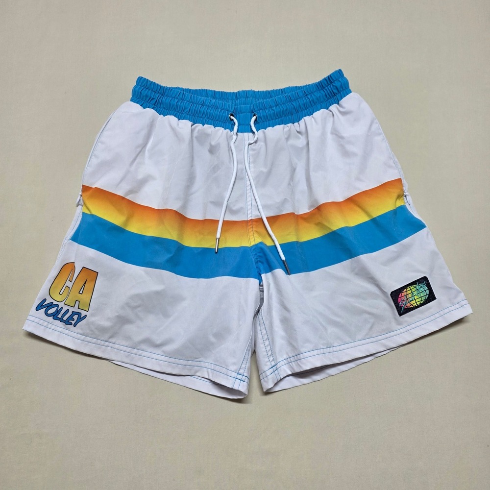 Slunks CA Volley Mens Medium White Rainbow Stripe Swim Trunks Board Shorts Retro